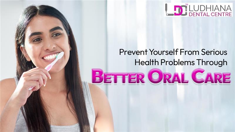 Smiling woman brushing her teeth with a pink toothbrush